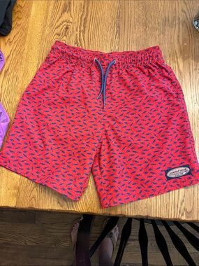 Vineyard Vines Red Swim Shorts with Navy Fish Print